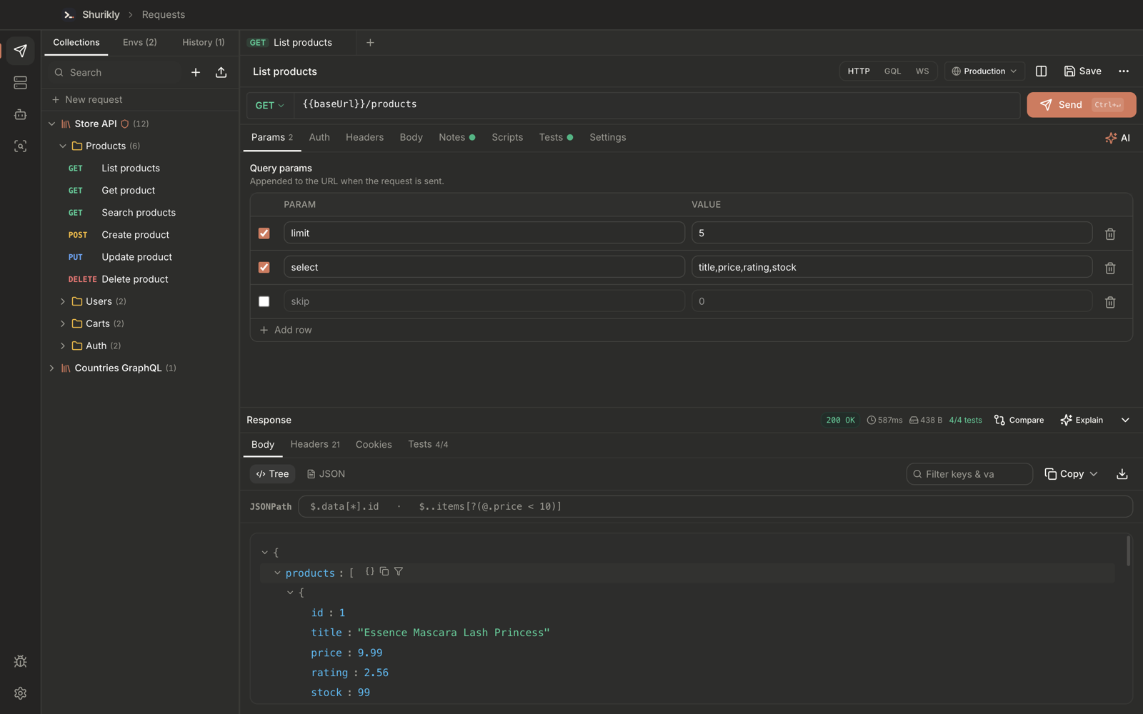 Shurikly request editor with a JSON tree response