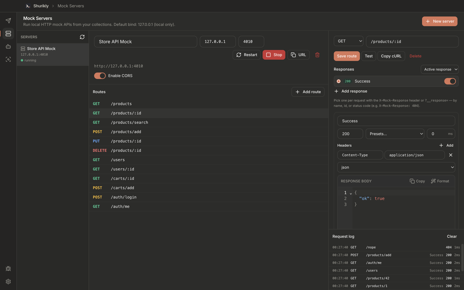 Shurikly mock server with routes, responses and request log