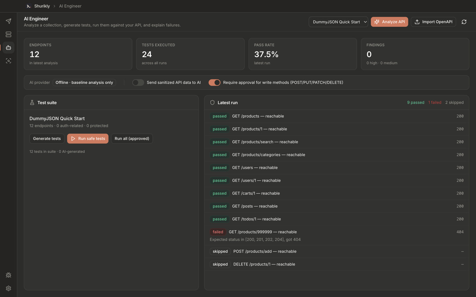 Shurikly AI Engineer showing a test run with passed and failed tests