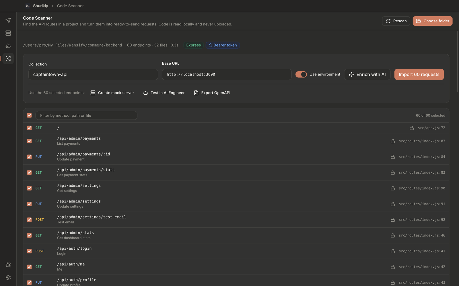 Shurikly Code Scanner listing 60 detected endpoints