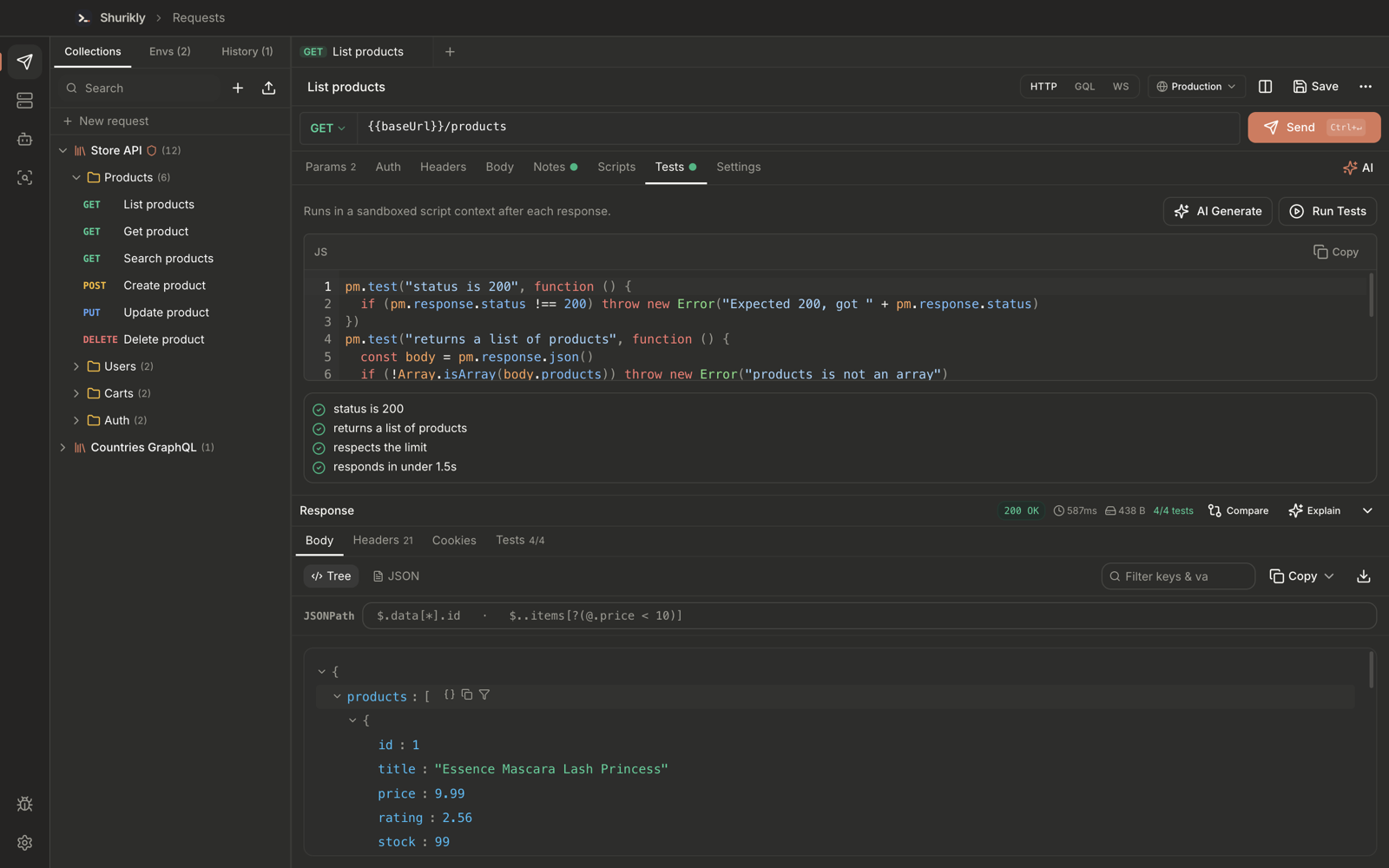 Tests tab with passing results