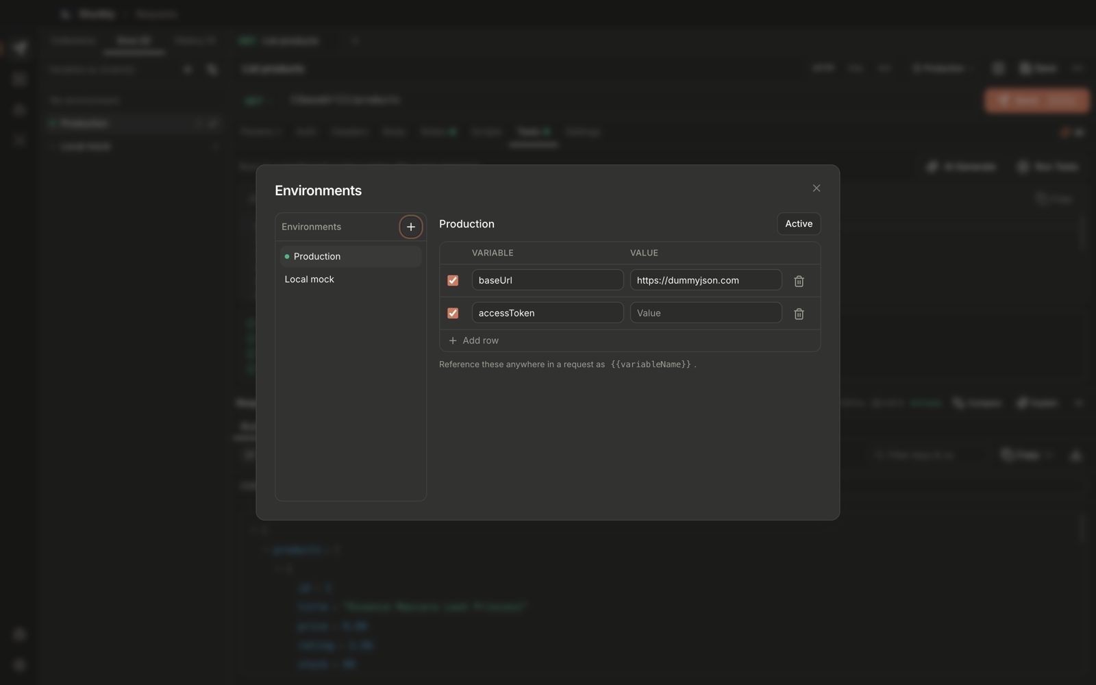 Environments dialog