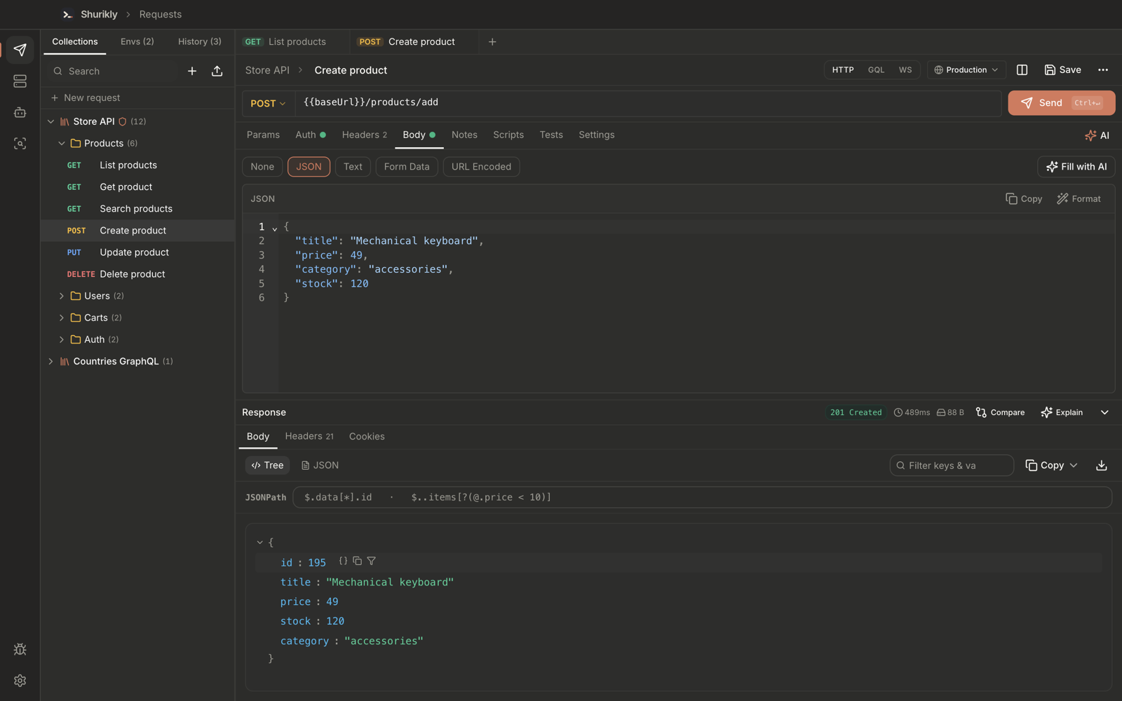 POST request with a JSON body and a 201 response