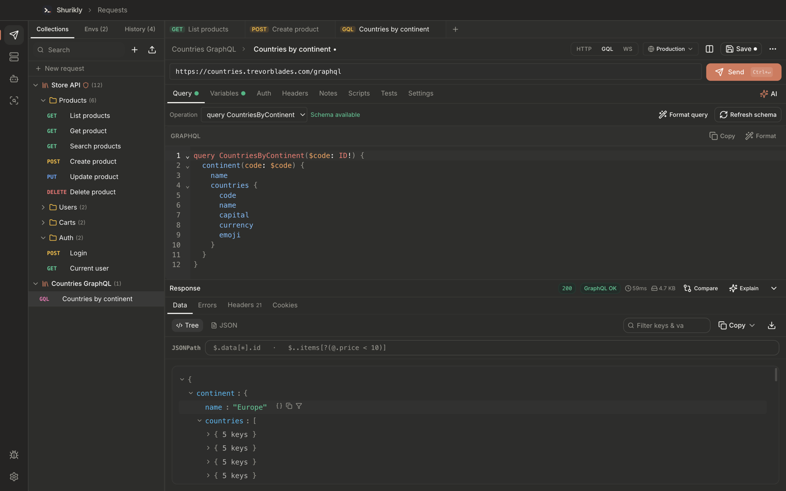 GraphQL request with schema and data response